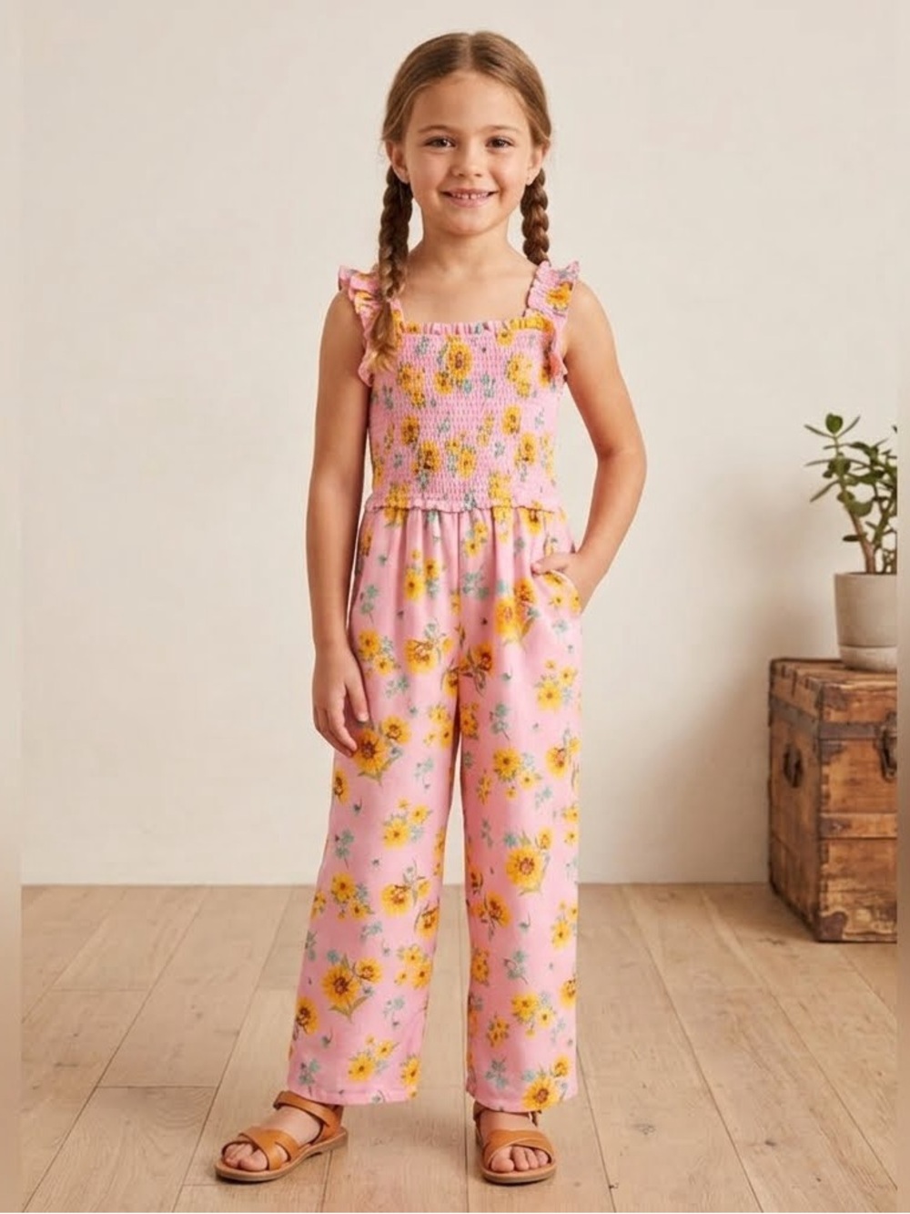 Girls' Pink Yellow Floral Wide-Leg Jumpsuit Smocked Bodice Size 8 (Medium)